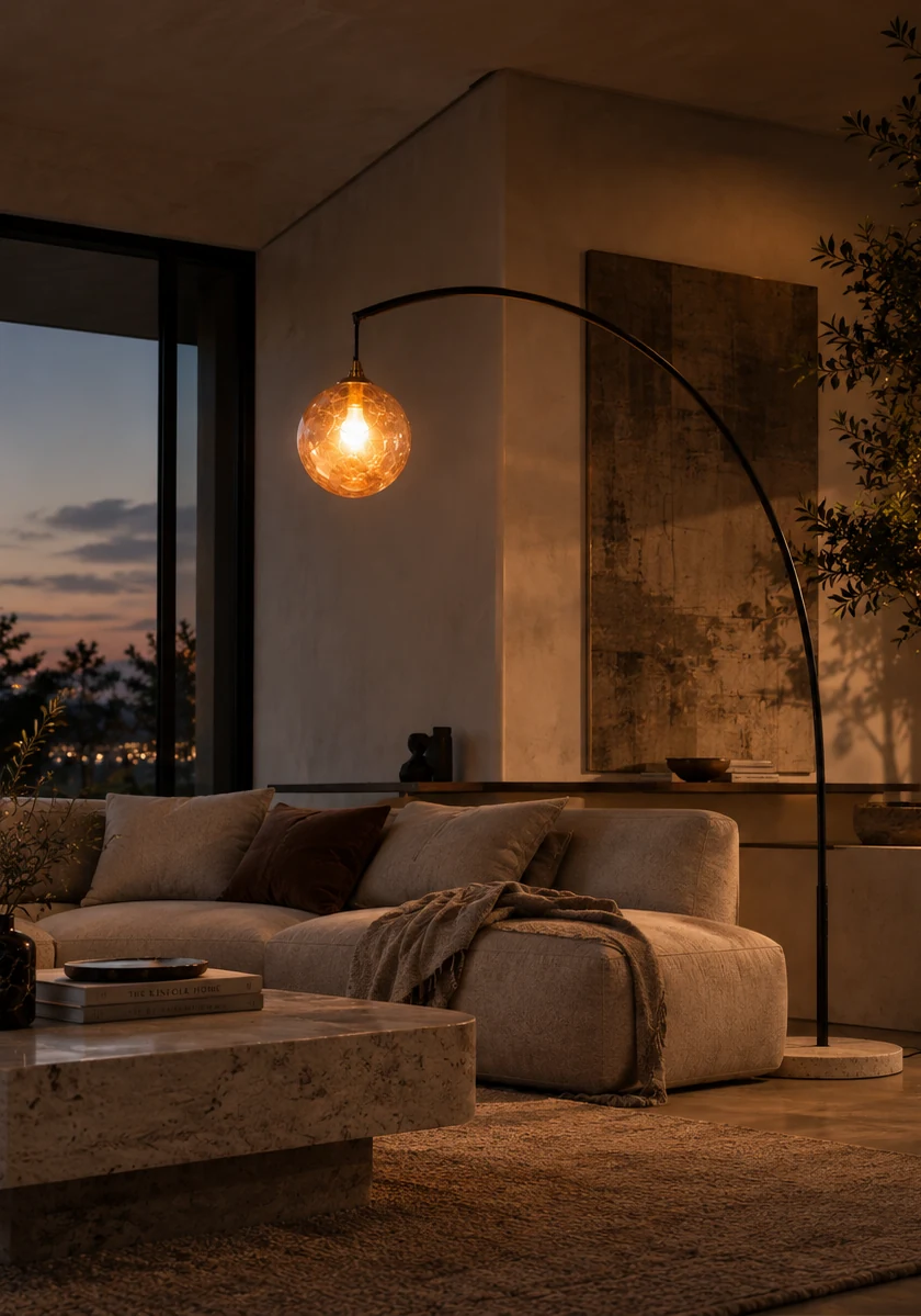 GRAVITA Arco floor lamp with curved metal structure and luminous sphere