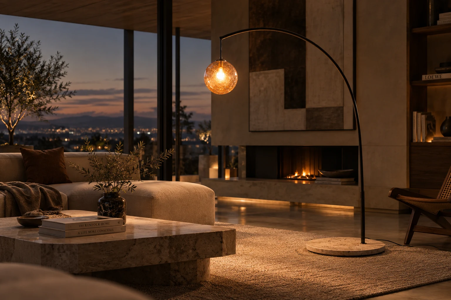 GRAVITA Arco floor lamp beside a sofa in a contemporary living room