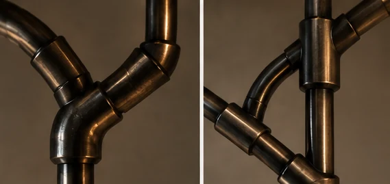 Detail of the branching metal tube joints of GRAVITA Circulation