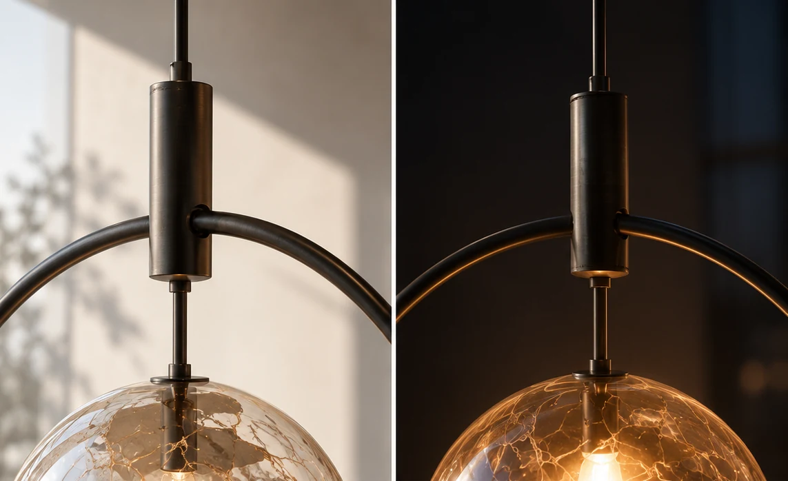 GRAVITA Orbit pendant light shown in daylight and at night
